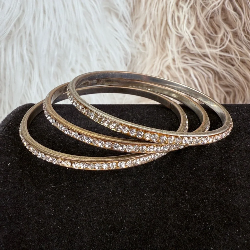 Vintage 3 Aged Silvertone Crystal Bangle Bracelet Set